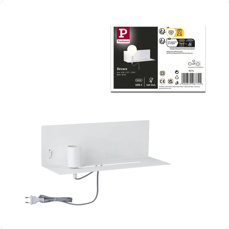 Wandlamp Devara USB C E27 3000K 400lm 230V 4,3W dimbaar van Paulmann in Wit mat – productfoto