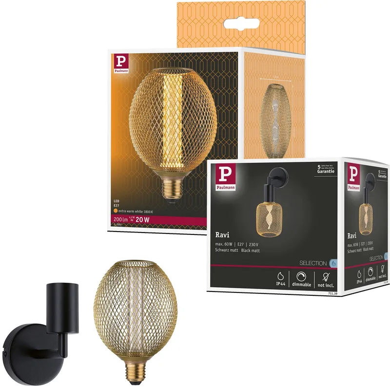 Wandlamp Ravi IP44 E27 1800K 200lm 4,2W de Paulmann en Zwart mat – photo produit