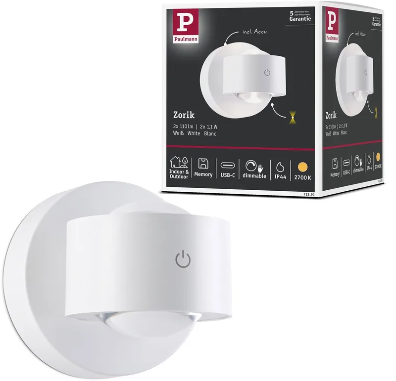 Akku-Außenwandleuchte Zorik, weiß 10 cm IP44 Dimmer von Paulmann in Weiß – Produktfoto