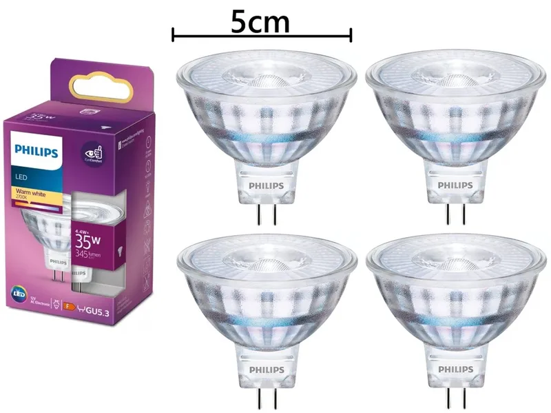 4 stuks | Philips LED MR16 4.4W/827 36º GU5.3 345lm Niet-Dimbaar Ø5cm | GU5.3 | Extra Warm Wit | 4.4 watt | 15.000 Branduren de Philips – photo produit