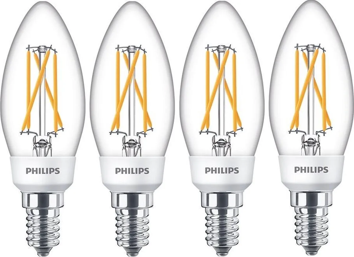 4 stuks | Philips SceneSwitch LED 5W-2.5W-1W filament kaars 3-Staps dimbaar | E14 | Extra Warm Wit | 5-2.5-1 watt | 15.000 Branduren de Philips – photo produit