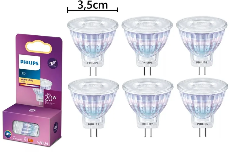 6 stuks | Philips LED MR11 2.3W/827 36º 184lm 12Vac GU4 Niet-Dimbaar Ø3.5cm | GU4 | Extra Warm Wit | 2.3 watt | 25.000 Branduren de Philips – photo produit