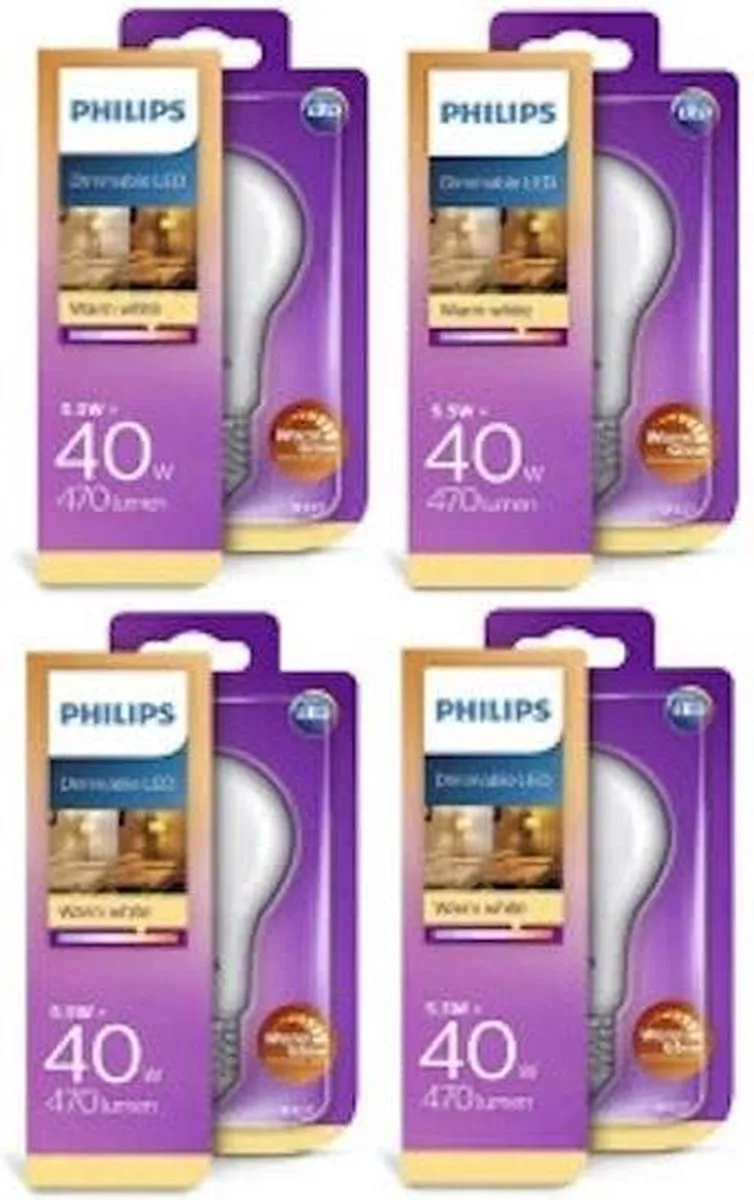 A60 6W/40W E27 2700K 470lm Dimbaar (4 Stuks) från Philips – produktbild
