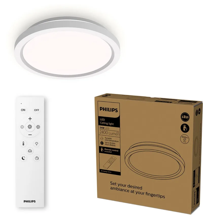 All-In-One ceiling lamp with remote control, 24W, LED lighting, warm to cool white light; 2700K to 6500K, 30 cm, white, round by Philips – product photo
