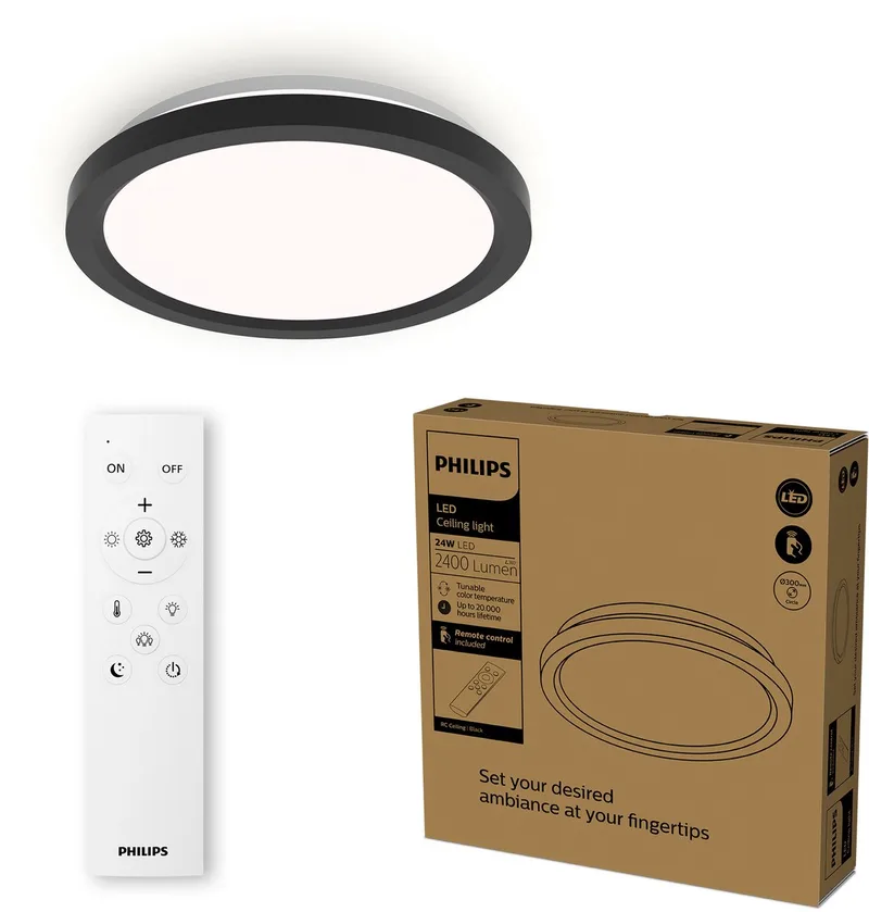 All-In-One Plafondlamp - Met Afstandsbediening - 24W - LED-verlichting - Warm- tot Koelwit licht; 2700K tot 6500K - 30 cm - Zwart - Rond de Philips – photo produit