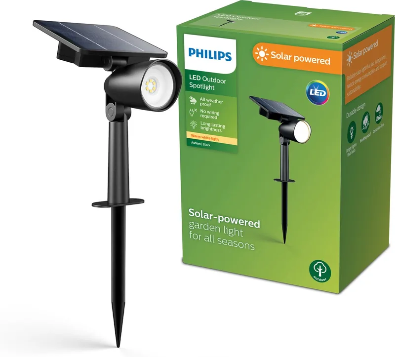 Lampadaire dextérieur solaire Philips LED 929004632501 Ashlyn LED LED intégrée 1.4 W noir de Philips en Noir – photo produit