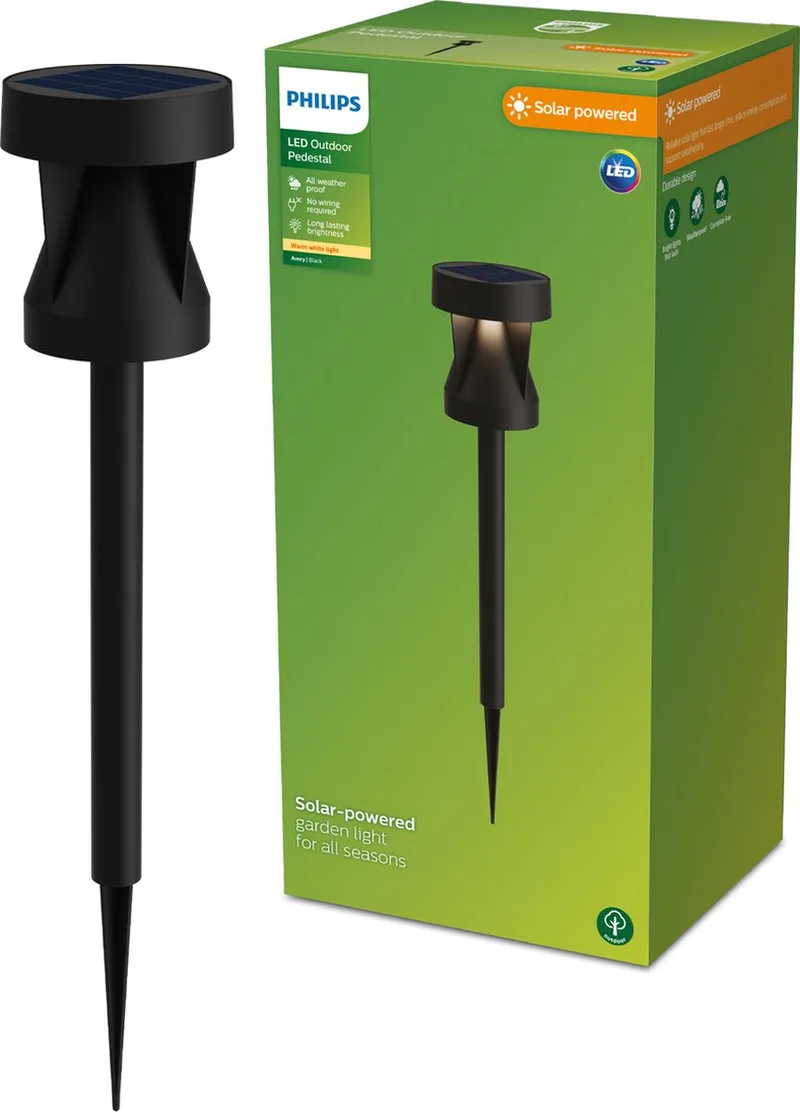 Avery sokkellamp met spies - Solar buitenlamp - Warm wit licht; 2700K - Zonne-energie - tuinpadverlichting de Philips en Noir – photo produit