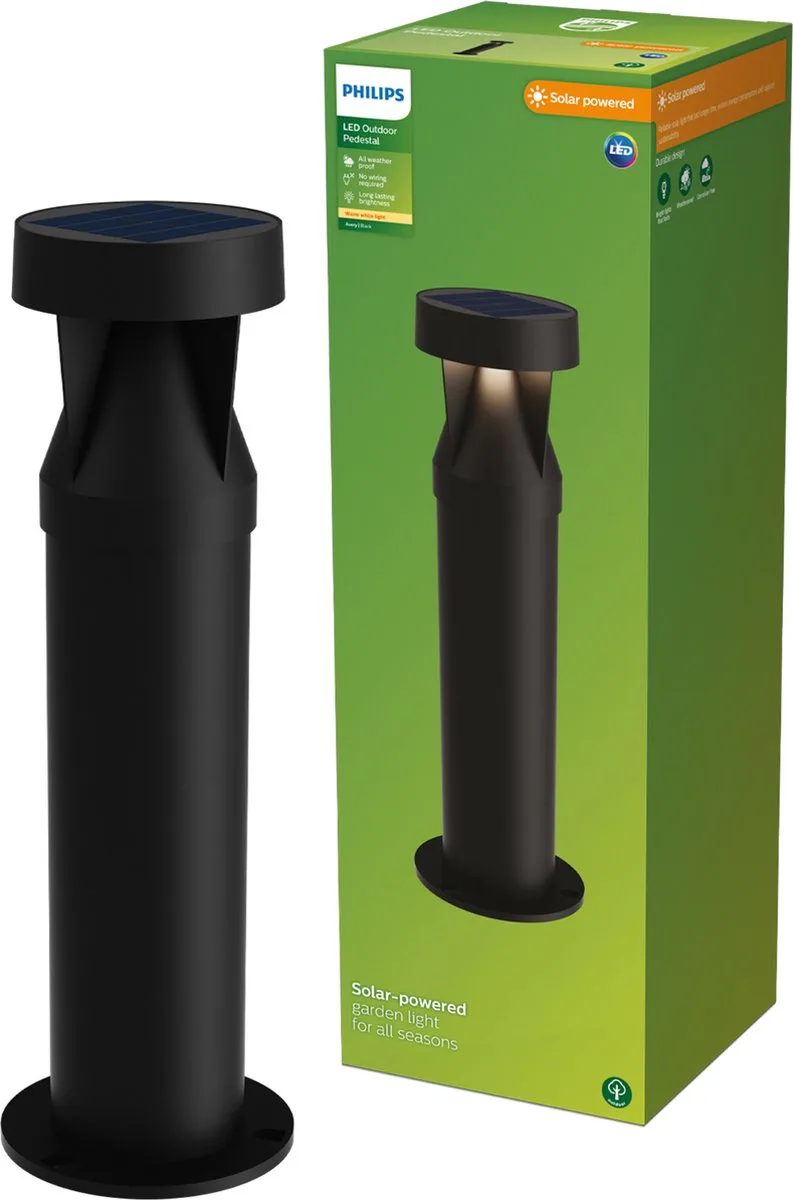Avery tuinpaal - Solar buitenlamp - Warm wit licht; 2700K - Zonne-energie - tuinpadverlichting - Sokkellamp by Philips in Black – product photo