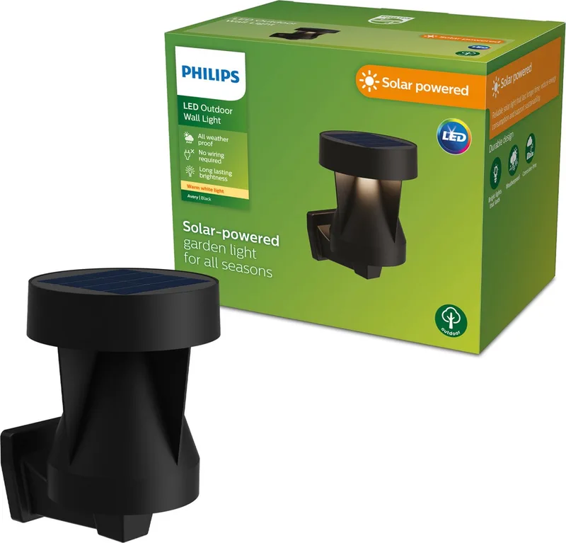 Avery wandlamp - Solar buitenlamp - Warm wit licht; 2700K - Zonne-energie fra Philips i Sort – produktbillede