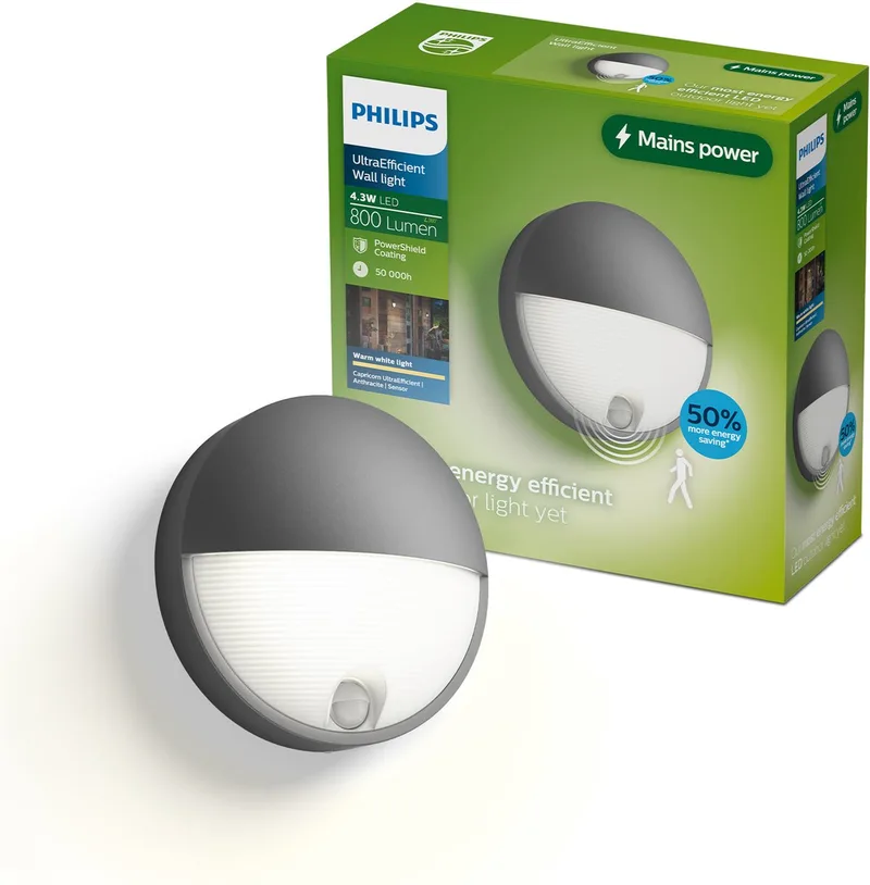 Capricorn Wandlamp - Buitenverlichting met Bewegingssensor - Weerbestendig: IP44 - Warmwit licht: 2700K by Philips in Anthracite – product photo
