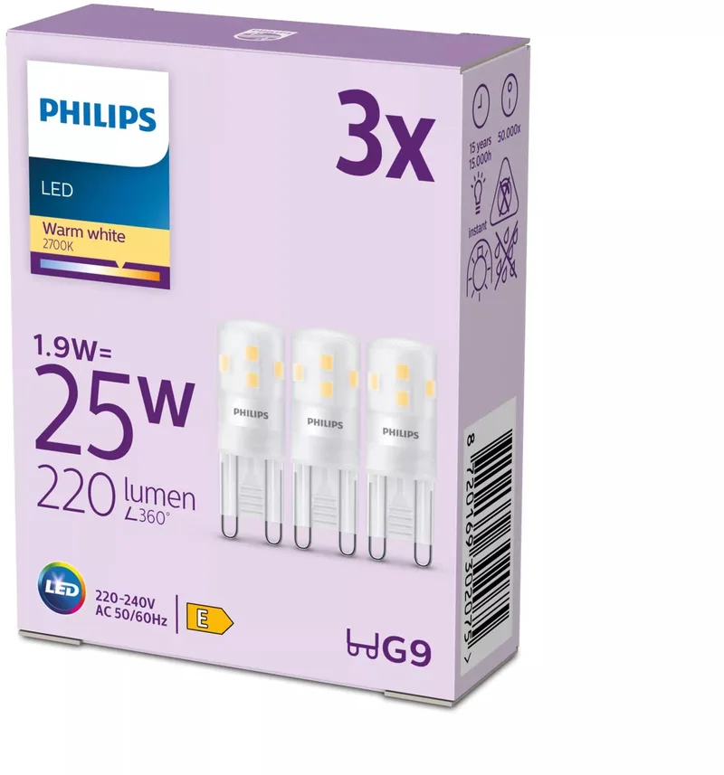 Philips 8720169302075 LED CEE E (A - G) G9 1.9 W = 25 W blanc chaud 3 pc(s) de Philips – photo produit