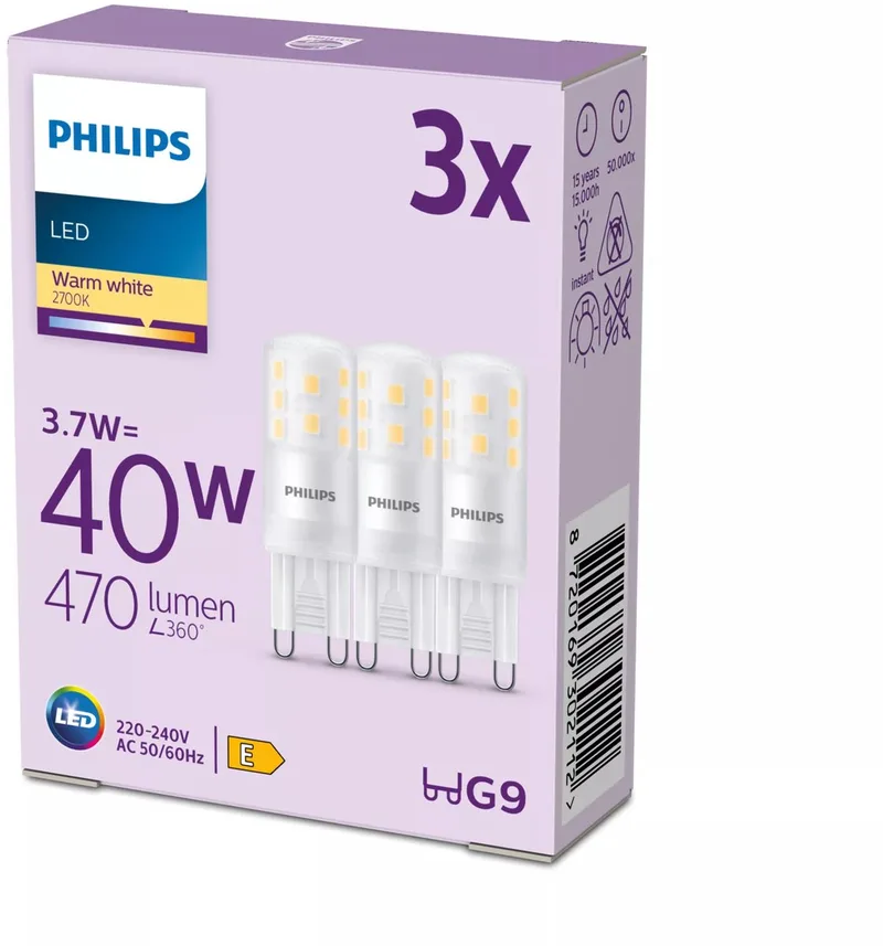 Philips 8720169302112 LED CEE E (A - G) G9 3.7 W = 40 W blanc chaud 3 pc(s) de Philips – photo produit