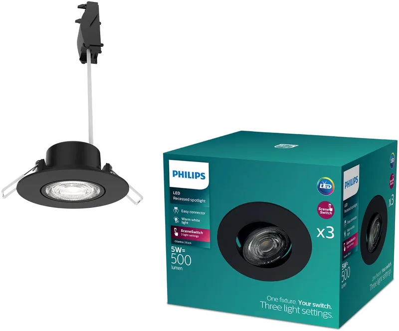 Cilantro inbouwspot - SceneSwitch lichttechnologie - 5W - Warmwit licht: 2700K - 3-pack de Philips en Noir – photo produit