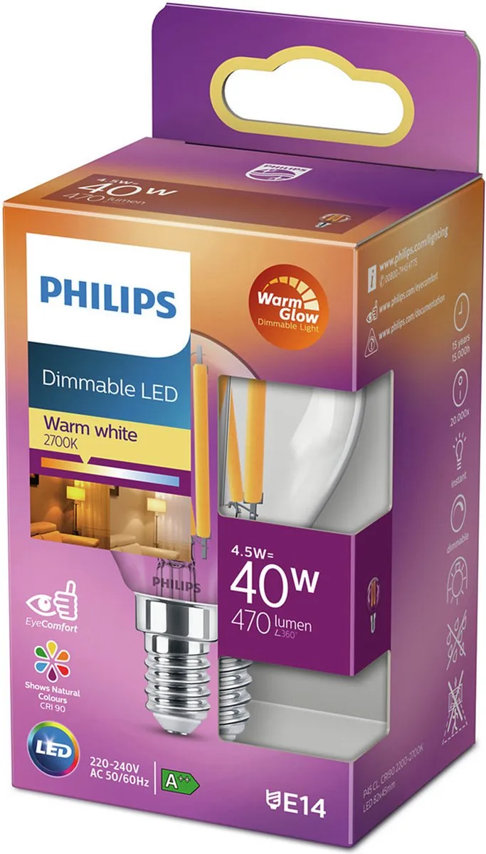 LED-pære E14 P45 3,4 W klar WarmGlow fra Philips – produktbillede