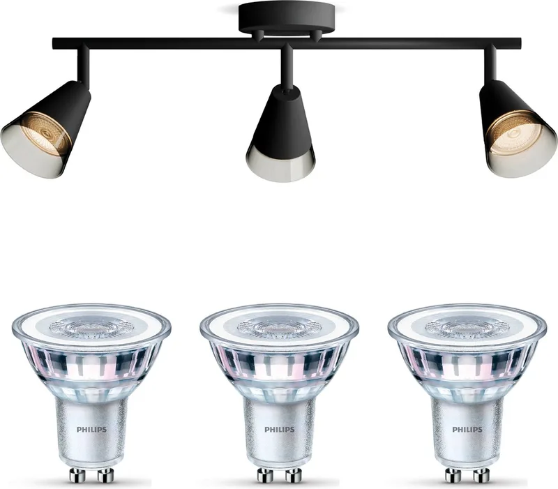 Cleft Opbouwspot - Warmwit Licht - Plafondspot met 3 Lichtpunten - GU10 - SceneSwitch - Eenvoudig Dimbaar met Je Klassieke Schakelaar de Philips en Noir – photo produit