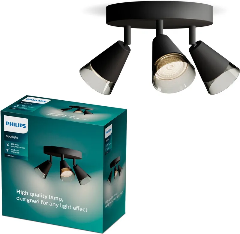 Cleft Spot - Plafondspot met drie lichtpunten - Met gerookt glas - GU10 LED fitting - Ronde basisplaat de Philips en Noir – photo produit
