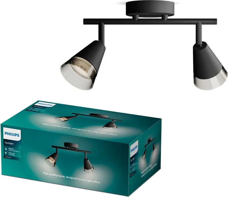 Cleft Spot - Plafondspot met twee lichtpunten - Met gerookt glas - GU10 LED fitting de Philips en Noir – photo produit