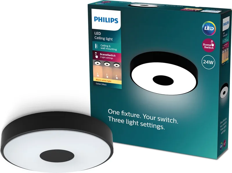 Coiner plafondlamp - SceneSwitch lichttechnologie - 24W - Warmwit licht - design de Philips en Noir – photo produit