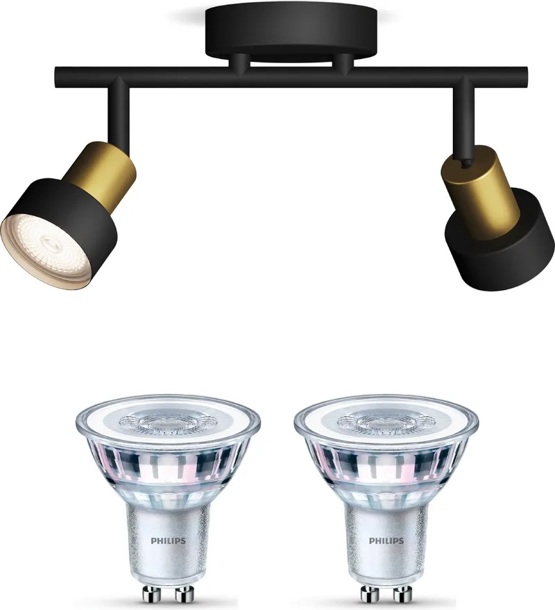 Conduit Opbouwspot - Warmwit Licht - Plafondspot met 2 Lichtpunten - GU10 - SceneSwitch - Eenvoudig Dimbaar met Je Klassieke Schakelaar de Philips en Noir, Or – photo produit