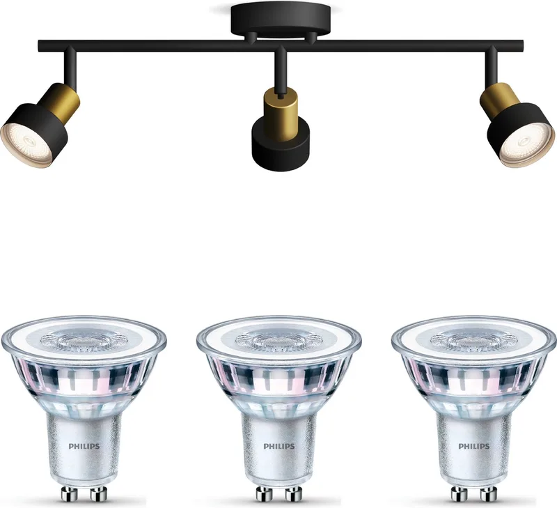 Conduit Opbouwspot - Warmwit Licht - Plafondspot met 3 Lichtpunten - GU10 - Niet Dimbaar de Philips en Noir, Or – photo produit