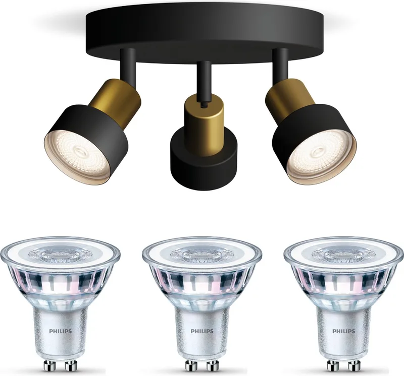 Conduit Opbouwspot - Warmwit Licht - Plafondspot met 3 Lichtpunten - GU10 - Niet Dimbaar van Philips in Zwart, Goud – productfoto