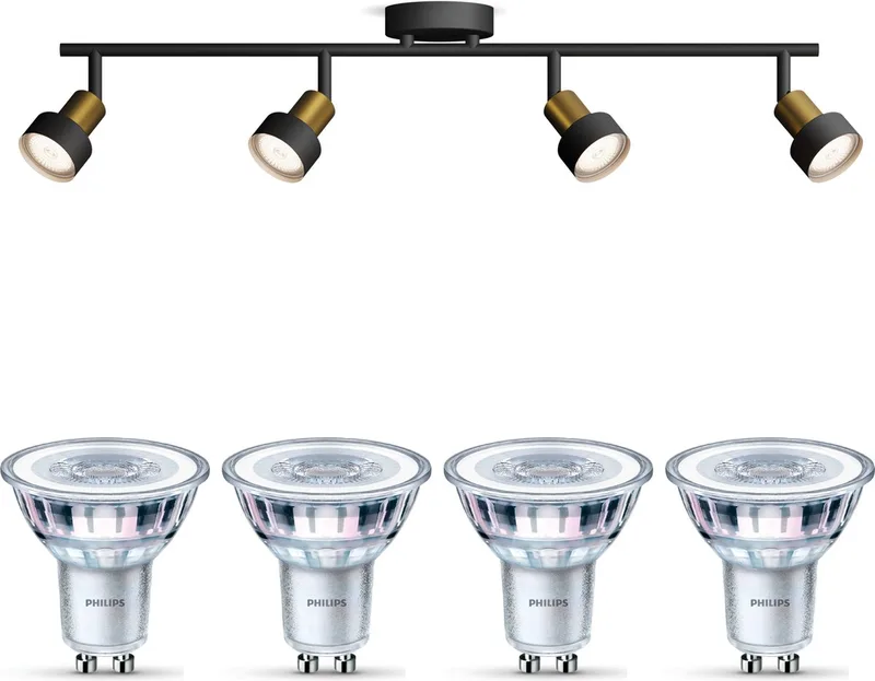 Conduit Opbouwspot - Warmwit Licht - Plafondspot met 4 Lichtpunten - GU10 - Niet Dimbaar de Philips en Noir, Or – photo produit