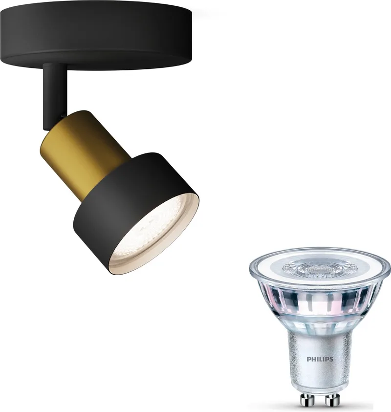 Conduit Opbouwspot - Warmwit Licht - Wandspot of Plafondspot met 1 Lichtpunt - GU10 - SceneSwitch - Eenvoudig Dimbaar met Je Klassieke Schakelaar von Philips in Schwarz, Gold – Produktfoto