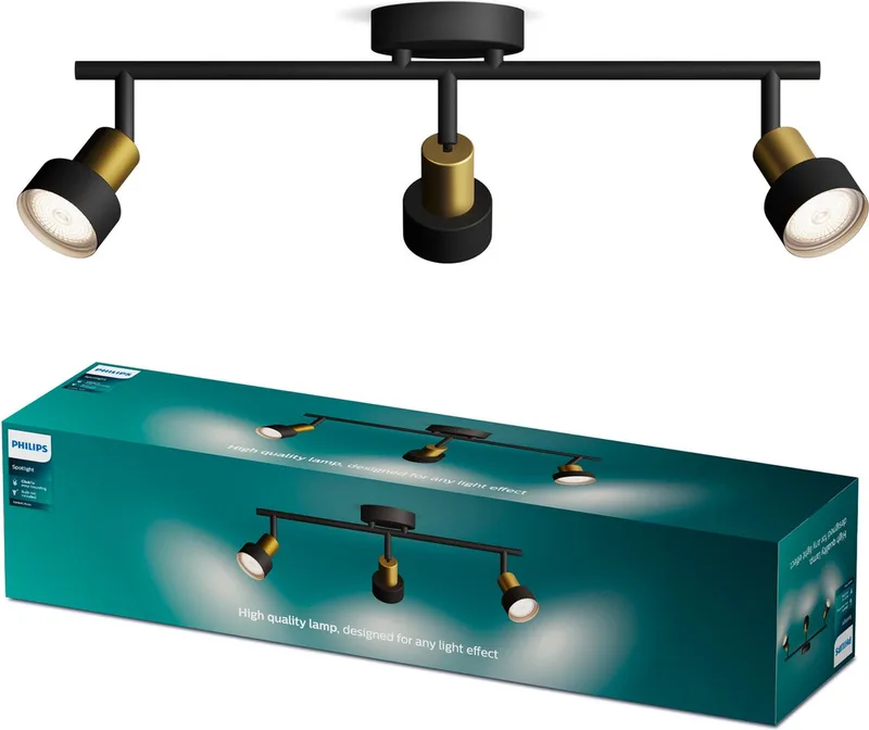 Conduit Spot - Plafondspot met drie lichtpunten - Zwart met goud design - GU10 LED fitting fra Philips i Sort, Messing – produktbillede