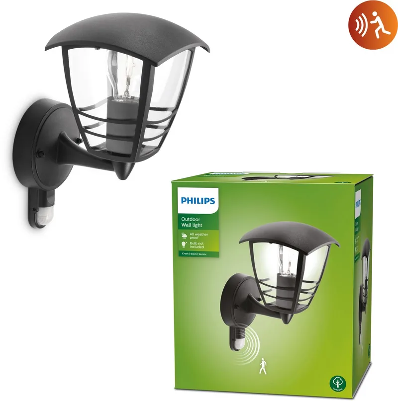 Creek buitenwandlamp - met sensor fra Philips i Sort – produktbillede