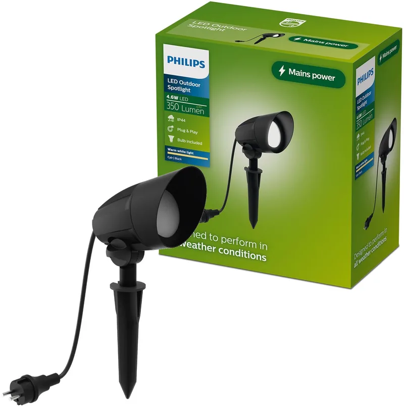 Cylr Grondspot - Buitenverlichting - Warmwit licht: 2700K - GU10 LED-spot meegeleverd - Weerbestendig: IP44 - Stekker by Philips in Black – product photo