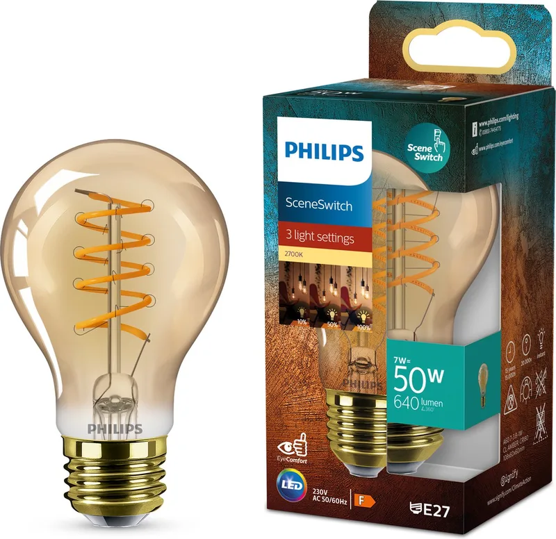 Deco LED - SceneSwitch - 50W - E27 fitting - A60 Standaard lampvorm - Amberkleurige lamp by Philips – product photo