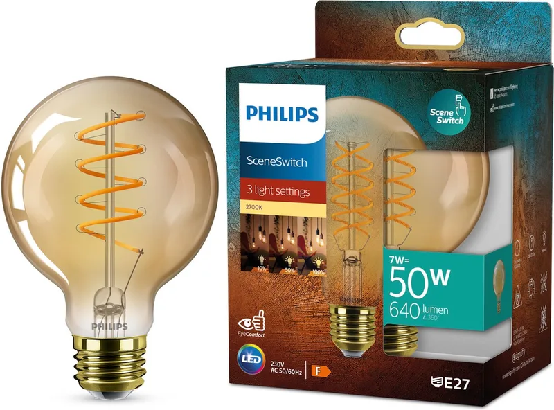 LED-Lampe Filament G95 7W827 50W SceneSwitch amber E27 von Philips – Produktfoto