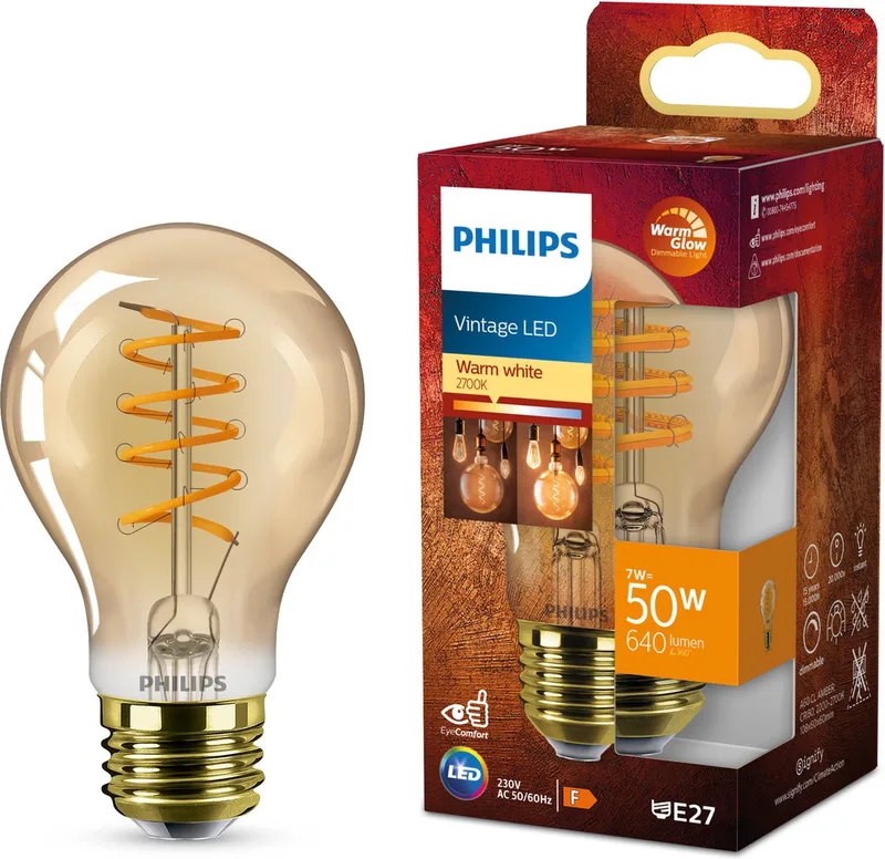 Deco LED - WarmGlow - 50W - E27 fitting - A60 Standaard lampvorm - Amberkleurige lamp by Philips – product photo