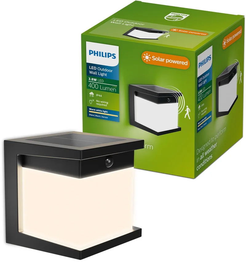 Diara Solar wandlamp - Zonne-energie - Warmwit licht: 2700K - Twee lichtstanden - Schemersensor - Bewegingssensor - IP44: weerbestendig - Solar buitenverlichting by Philips in Black – product photo