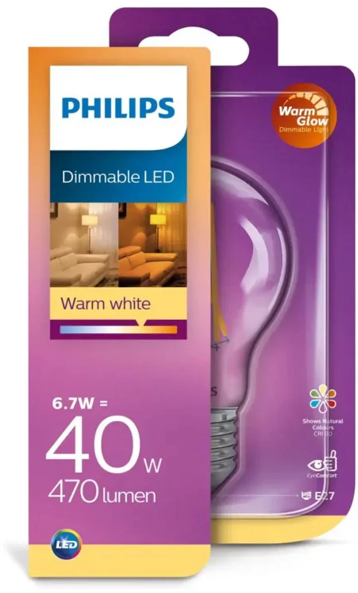 E27 Helder 6.7W (40W) 2700K WarmGlow Dimbaar 470lumen - Bespaar op energie de Philips – photo produit