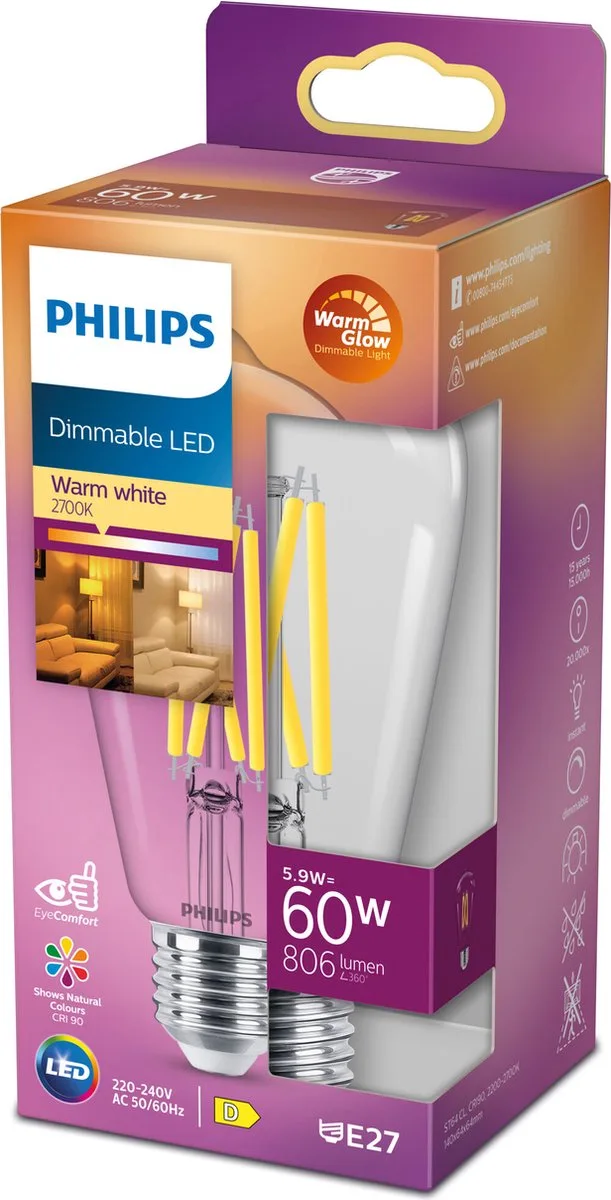 Edison Transparant - 60 W - E27 - Dimbaar warmwit licht de Philips – photo produit