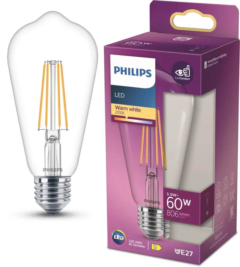 Edison transparente, 60 W, E27, lumière blanc chaud de Philips – photo produit