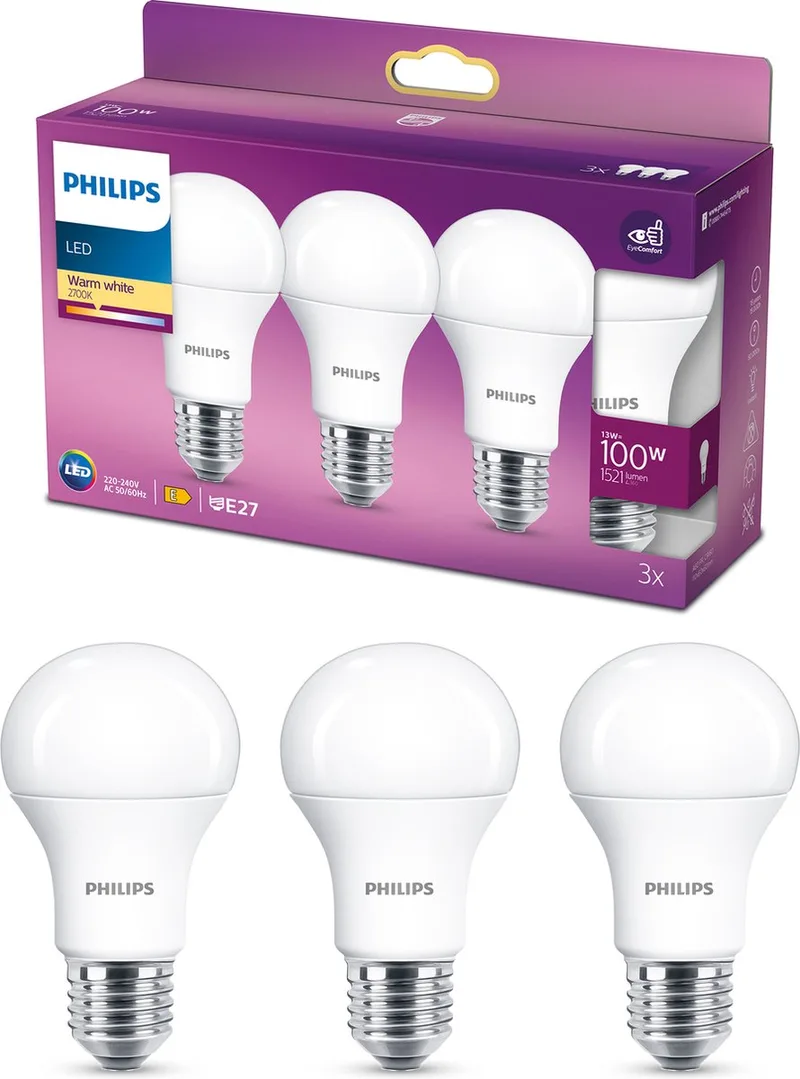 energiezuinige LED Lamp Mat - 100 W - E27 - warmwit licht - 3 stuks - Bespaar op energiekosten de Philips – photo produit