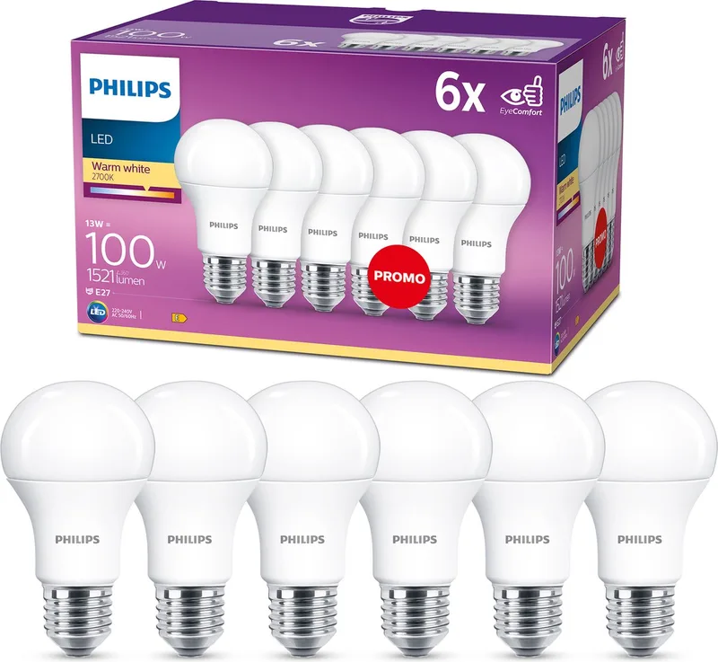energiezuinige LED Lamp Mat - 100 W - E27 - warmwit licht -6 stuks - Bespaar op energiekosten van Philips – productfoto