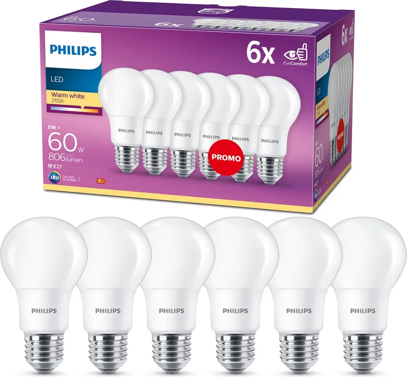 energiezuinige LED Lamp Mat - 60 W - E27 - warmwit licht - 6 stuks - Bespaar op energiekosten de Philips – photo produit