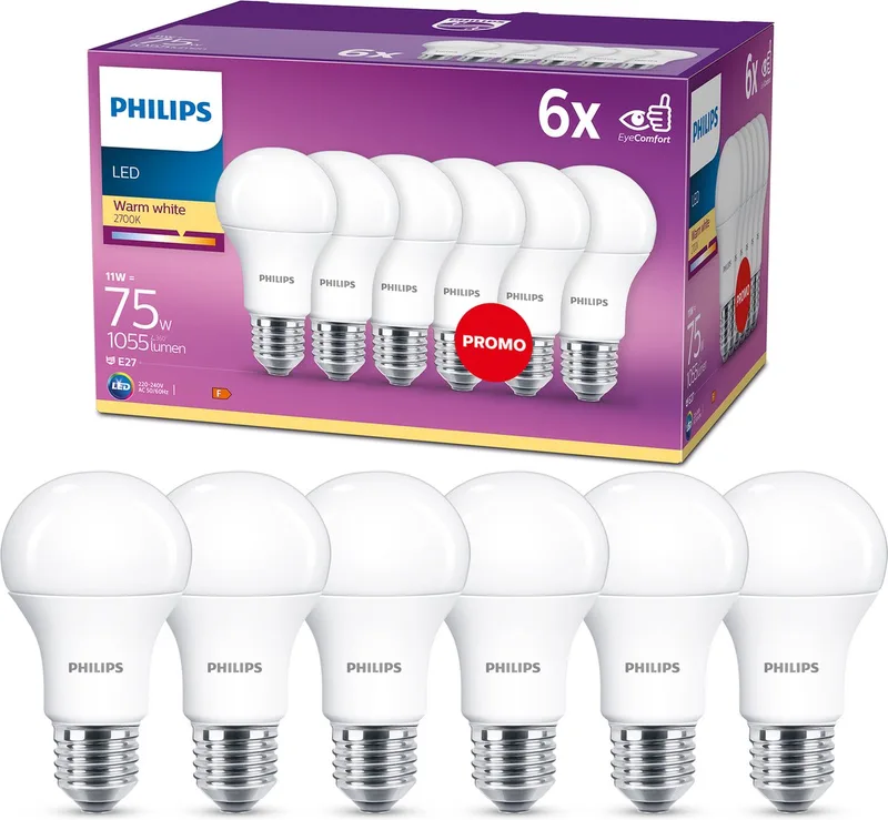 energiezuinige LED Lamp Mat - 75 W - E27 - warmwit licht - 6 stuks - Bespaar op energiekosten de Philips – photo produit