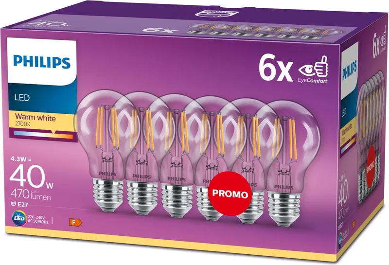energiezuinige LED Lamp Transparant - 40 W - E27 - warmwit licht - 6 stuks - Bespaar op energiekosten fra Philips – produktbillede