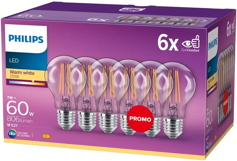 energiezuinige LED Lamp Transparant - 60 W - E27 - warmwit licht - 6 stuks - Bespaar op energiekosten fra Philips – produktbillede