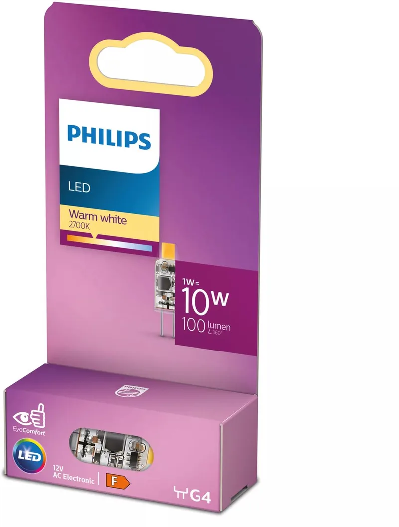 Energibesparende Philips LED kapsel klar, 10 W, G4, varmt hvidt lys fra Philips – produktbillede