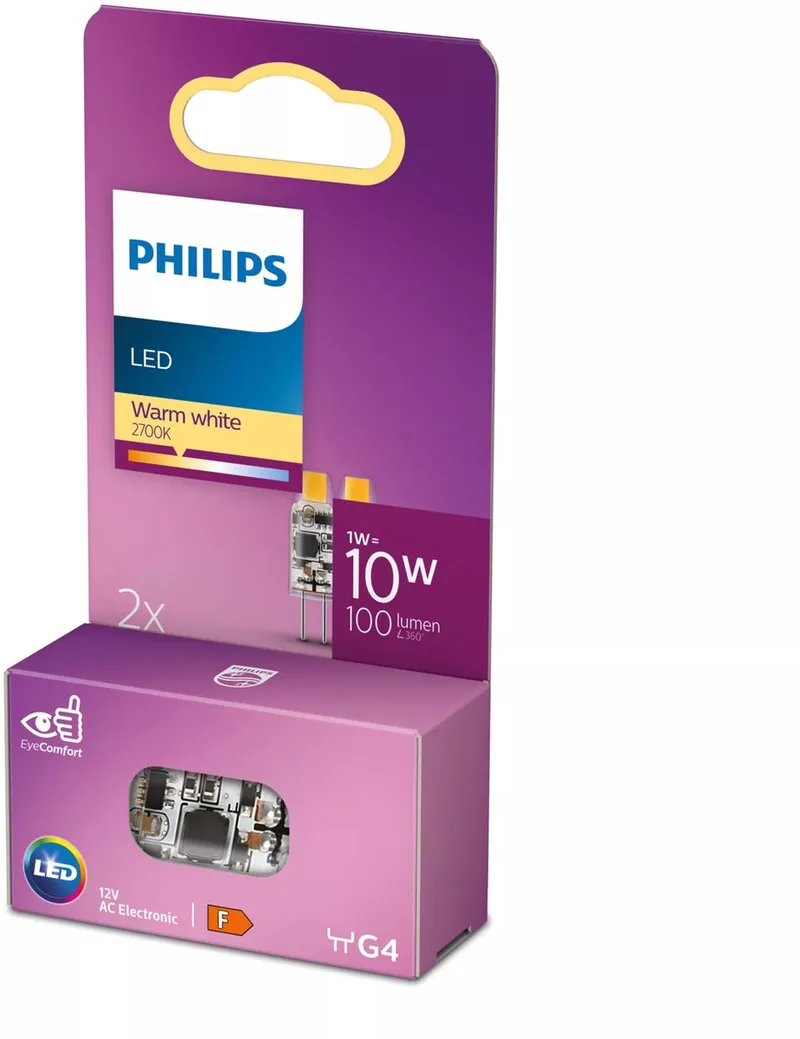 Energiezuinige Philips LED Capsule Transparant - 10 W - G4 - warmwit licht - 2 stuks - Bespaar op energiekosten de Philips – photo produit