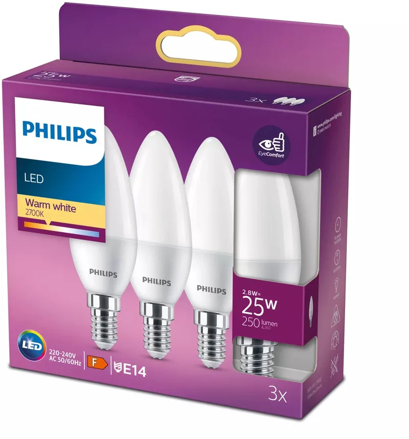 Energiezuinige Philips LED Kaars Mat - 25 W - E14 - warmwit licht - 3 stuks - Bespaar op energiekosten de Philips – photo produit