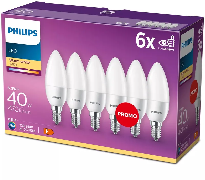 Energiezuinige Philips LED Kaars Mat - 40 W - E14 - warmwit licht - 6 stuks - Bespaar op energiekosten fra Philips – produktbillede
