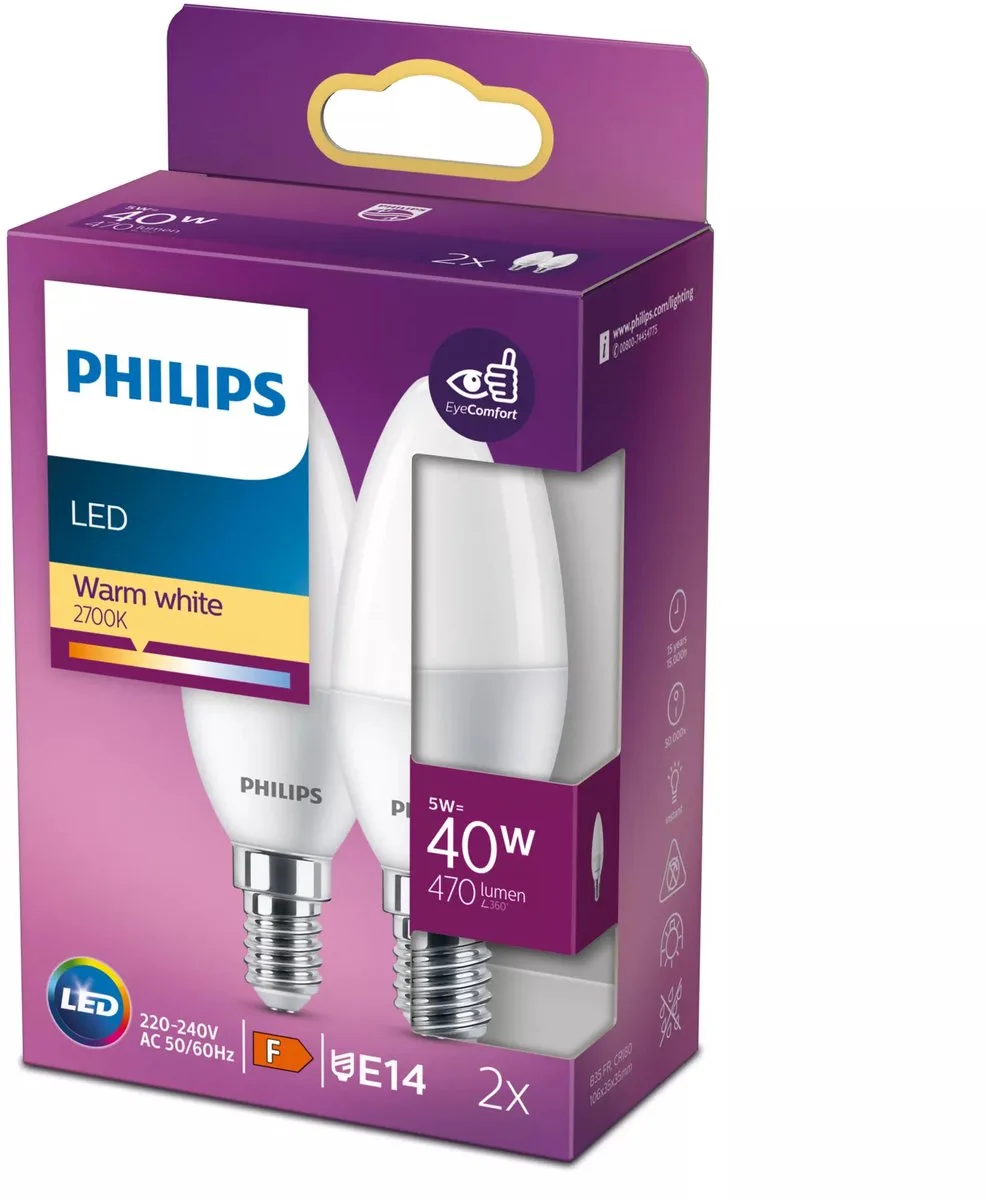 Energiezuinige Philips LED Kaars Mat - 40 W - E14 - warmwit licht - 2 stuks - Bespaar op energiekosten de Philips – photo produit