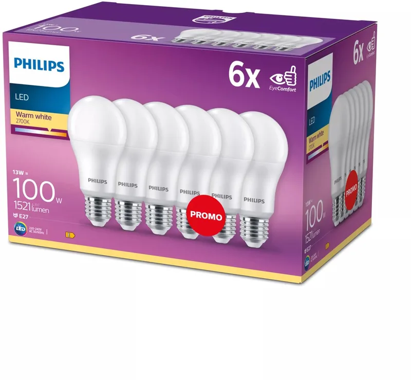 Energiezuinige Philips LED Lamp Mat - 100 W - E27 - warmwit licht - 6 stuks - Bespaar op energiekosten fra Philips – produktbillede