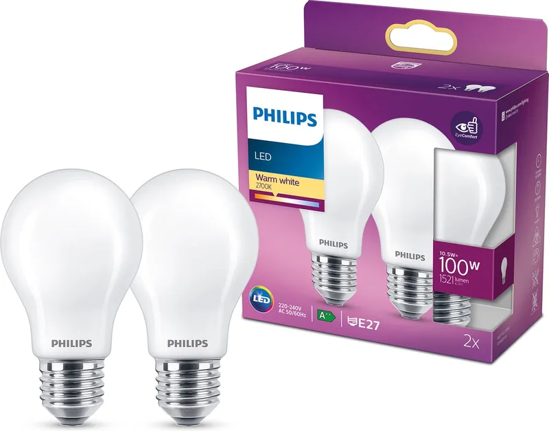 LED 76369500 LED CEE D (A - G) E27 forme de poire 10.5 W = 100 W blanc chaud (Ø x L) 6 cm x 10.4 cm 2 pc(s) de Philips – photo produit